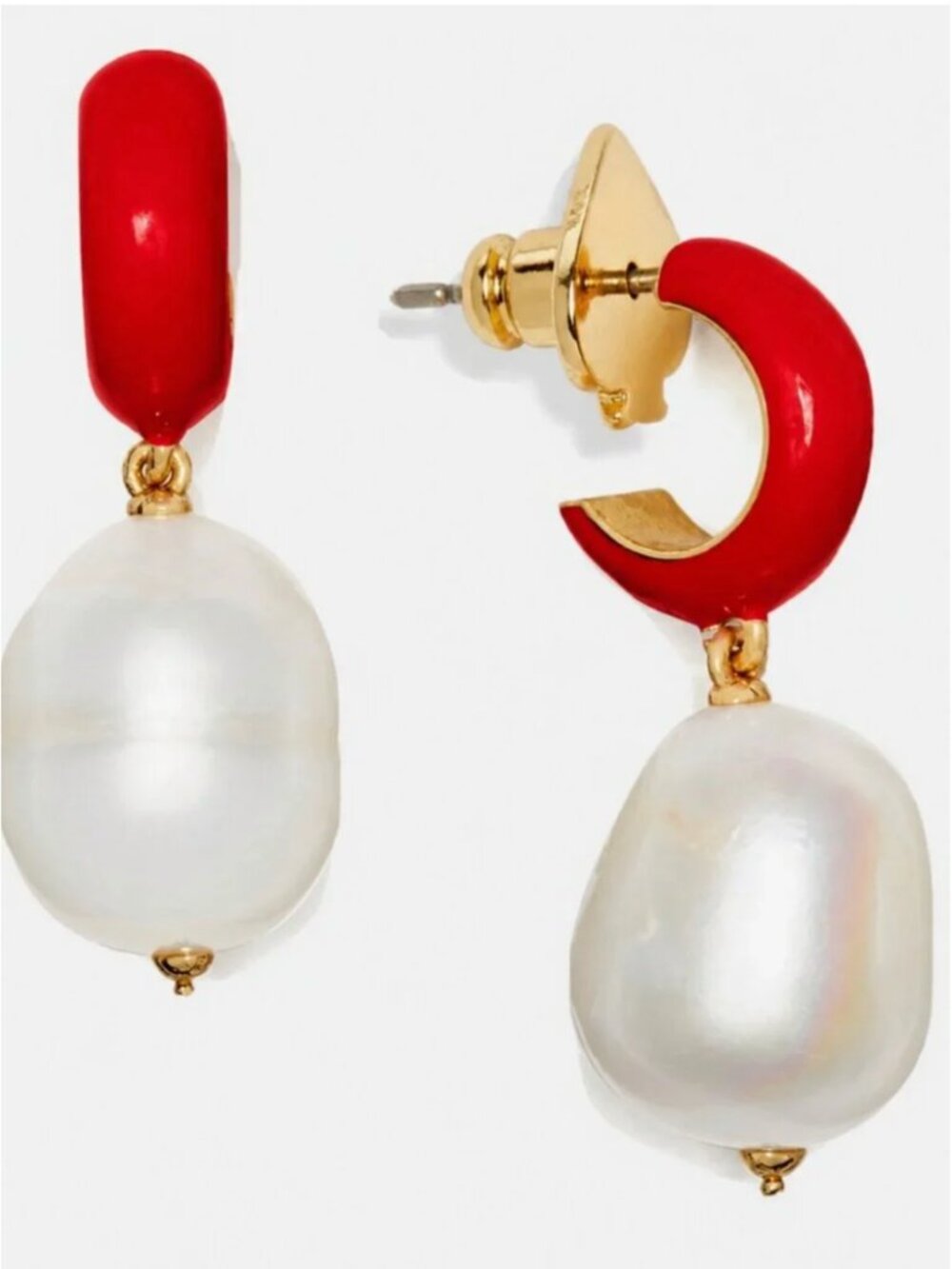 Kate Spade Red Enamel Huggie Hoop Earrings with Freshwater Pearl Drop Gold Tone